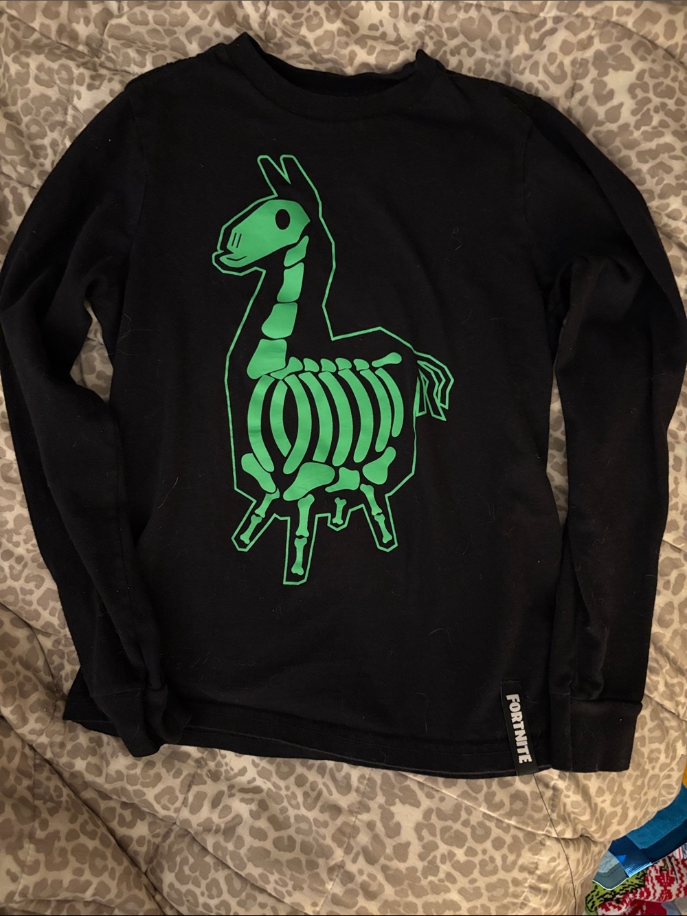Fortnite Black Long-Sleeve Tee with Green Llama Skeleton Graphic